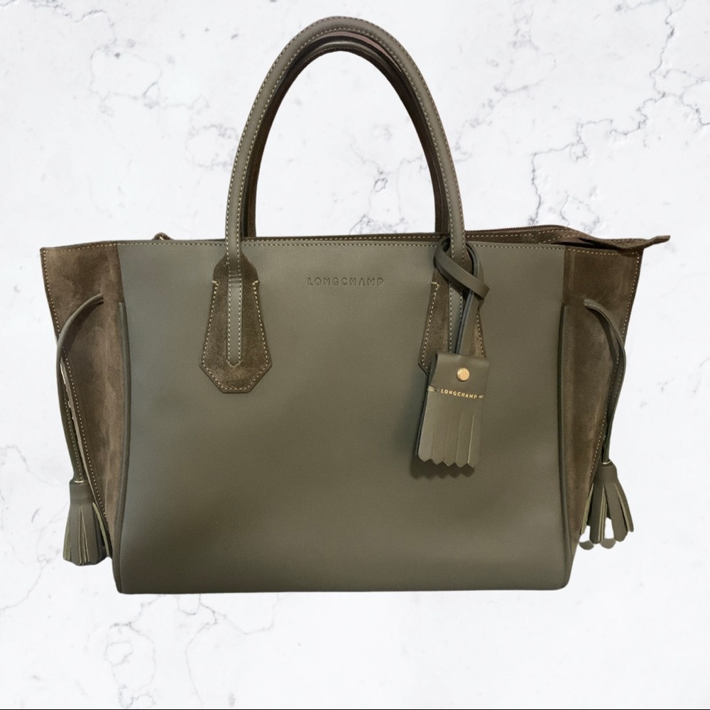 LONGCHAMP PENELOPE Medium Tote Bag Fringe Tassel Suede and Leather Forest green